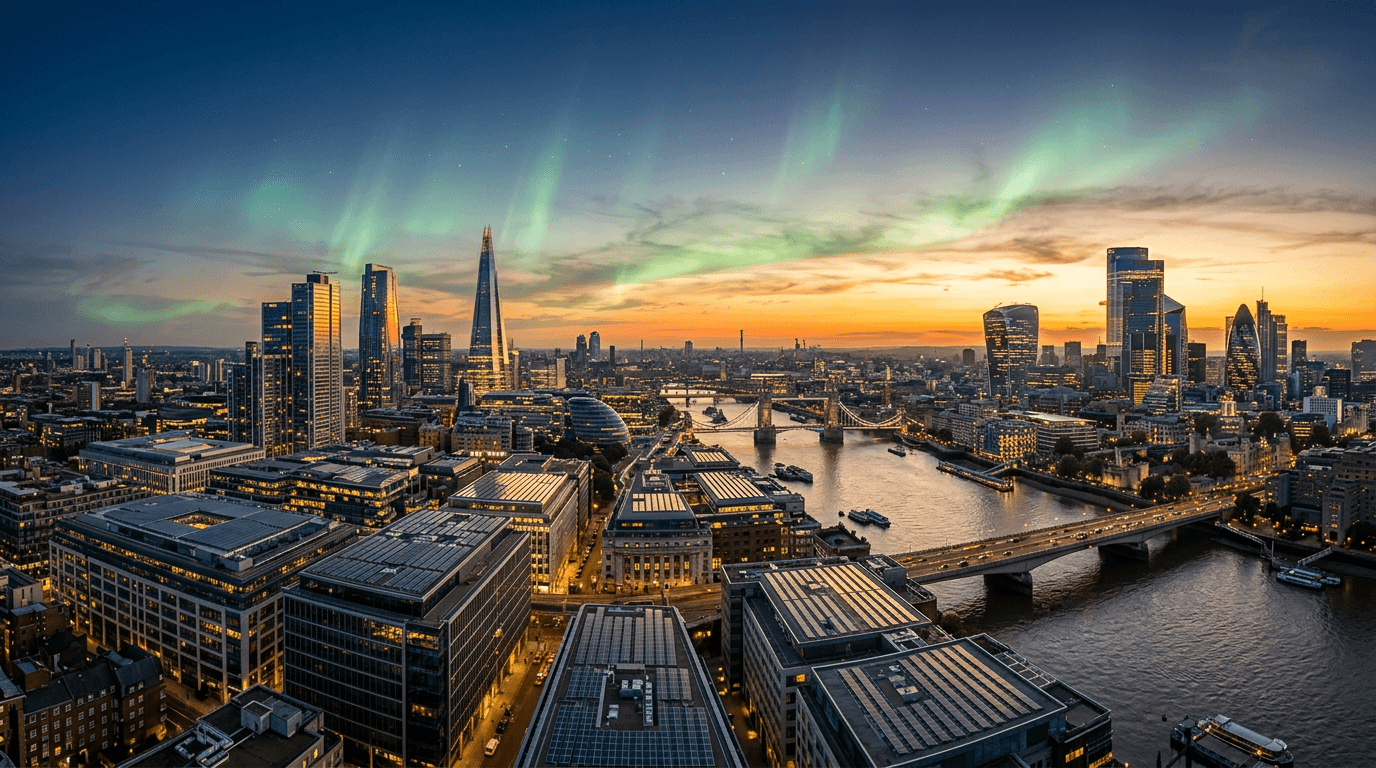 Modern UK city skyline at dusk with solar rooftops and green energy aurora